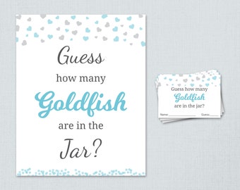 Candy Guessing Game, Fun Boy Baby Shower Games Printable, Blue Silver Confetti, Guess How Many Goldfish in a Jar, Snacks in Bottle, B008