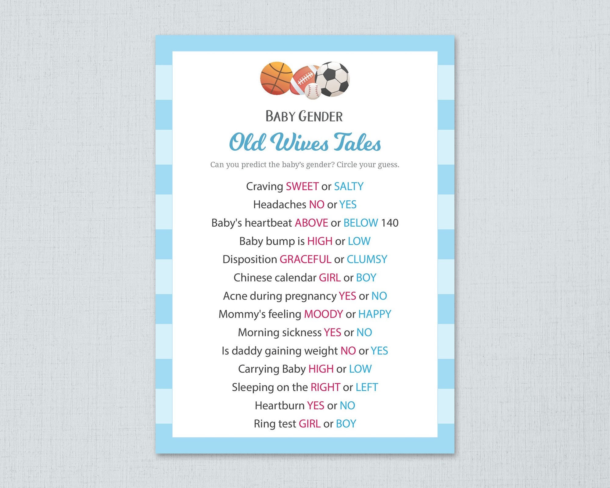 Old Wives Tales Gender Reveal Baby Shower Game Printable