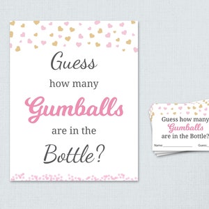 Guess How Many Gumballs are in the Bottle Printable, Baby Shower Games, Pink Gold, Guess How Many Candies, Gum Balls, Cards and Sign, B003