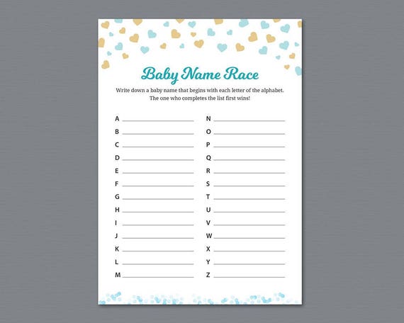 Baby Name Race Game Printable Blue Hearts Confetti Boy Baby Shower Baby Name Race Game Printable Blue Hearts Confetti Boy Baby Shower