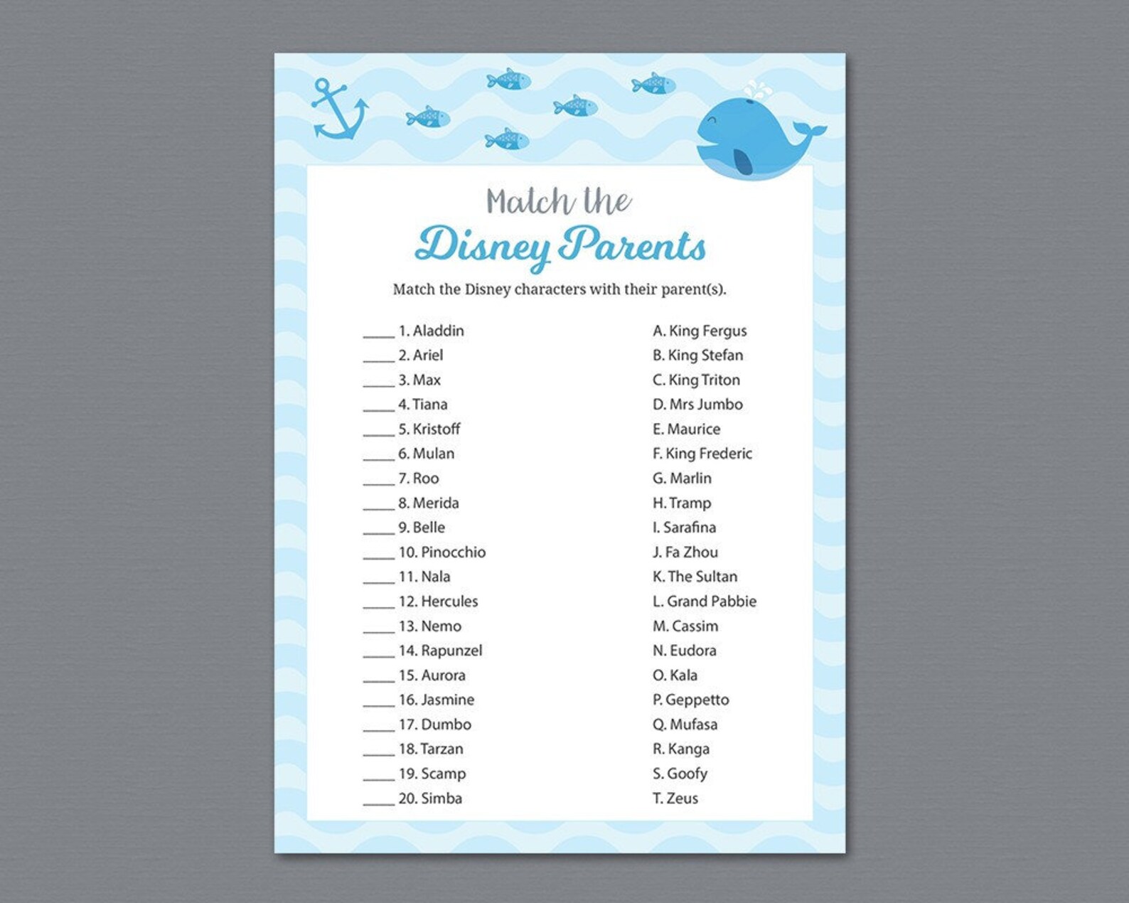 Disney Parent Match Game Printable Boy Baby Shower Games | Etsy