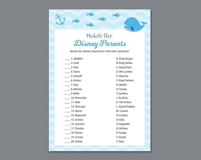 Disney Parent Match Game Printable Boy Baby Shower Games Etsy