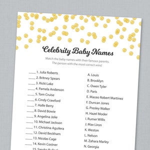 Celebrity Baby Name Match Game Printable, Gold Confetti, Baby Shower Activity, Instant Download, Celebrity Baby, Matching Name Trivia, B001