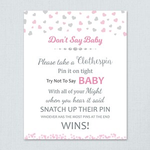 Don&#39;t Say Baby, Baby Shower Sign Printable, Pink Gray Hearts, Girl Baby Shower Games, Clothespin, Instant Download, Shower Activity, B007