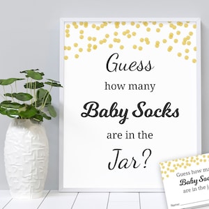 Guess How Many Socks Game Printable, Baby Shower Games, Gold Confetti, Guess How Many Candies, Shower Activity, Cards and Sign, B001
