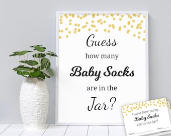 Raten Sie, wie viele Socken Spiel druckbar, Baby-Dusche-Spiele, Gold Konfetti, Raten Sie, wie viele Süßigkeiten, Dusche Aktivität, Karten und Zeichen, B001