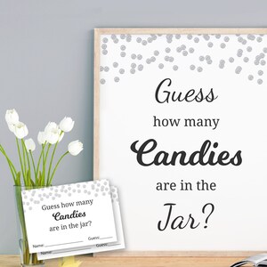 Candy Guessing Game, Baby Shower Games Printable, Silver Confetti, Guess How Many Candies in a Jar, Candies in Bottle, Activities, B016
