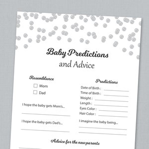 Baby Prediction Karten zum Ausdrucken, Silber Konfetti Baby Shower Spiele, Ratgeber Karte für die frischgebackenen Eltern, Instant Download, Baby Zahlen B016