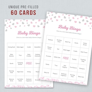 60 Baby Bingo Cards Printable, Prefilled Words, Girl Baby Shower Activity, Pink Silver Hearts Confetti, Instant Download, Bingo Game, B007