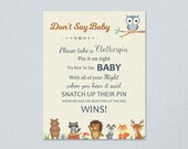 Don't Say Baby Games Printable, Dont Say Baby Sign, Woodland Theme, Forest Animals Baby Shower, Bear, Deer, Clothespin Game Download, B009