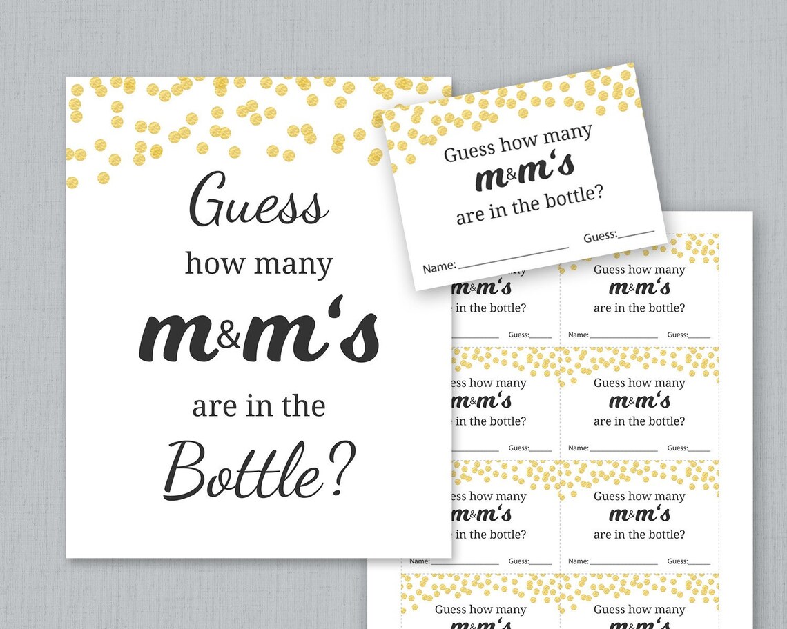 Many M Guess How Many M&m's Game Printable, Baby Shower Games, Gold Confetti ...