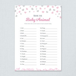 Name the Baby Animal, Silver Pink Hearts, Baby Shower Games Printable, Name that Baby Animal, Baby Animals Name Game, Instant Download, B007