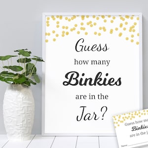 Binky Guessing Game, Baby Shower Games Printable, Gold Confetti, Guess How Many Binkies are in the Jar, Binkies in Bottle, Pacifier, B001