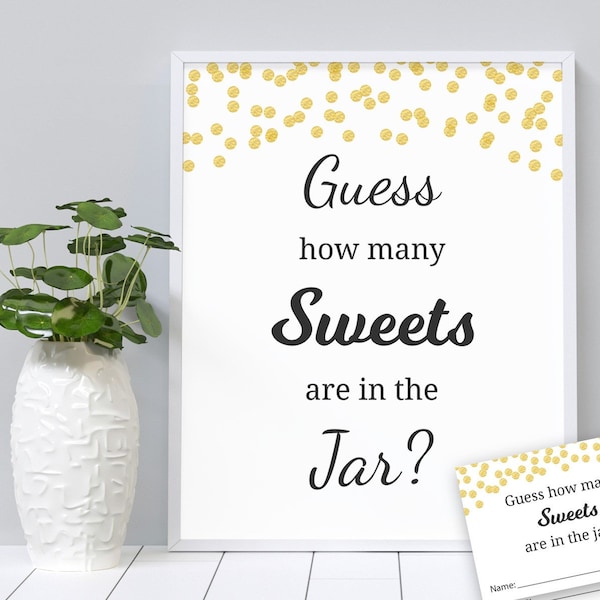 Sweets Guessing Game, Baby Shower Games Printable, Gold Confetti, Guess How Many Chocolates in a Jar, Candies in Bottle, Activities, B001