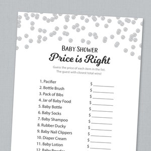 Price is Right Baby Shower Game Printable, Silver Dots, Baby Shower Activities, The Price is Right, Instant Download, Shower Games, B016 image 1