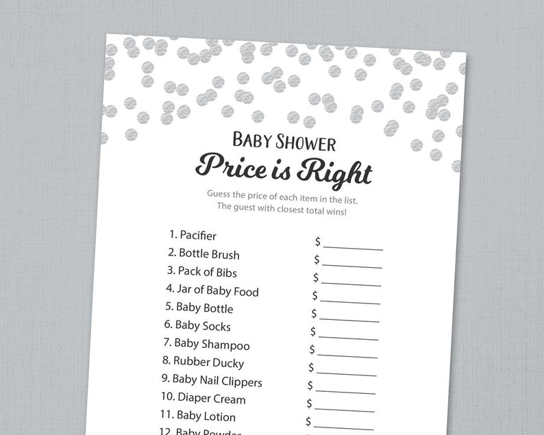 Price is Right Baby Shower Game Printable, Silver Dots, Baby Shower Activities, The Price is Right, Instant Download, Shower Games, B016 image 1