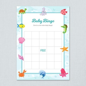 Baby Bingo Spelkaarten Afdrukbaar, Oceaan Baby Douche Bingokaarten, Lege Bingokaarten, Zeedieren, Onderwater, Vissen Baby Douche Spelletjes, B006