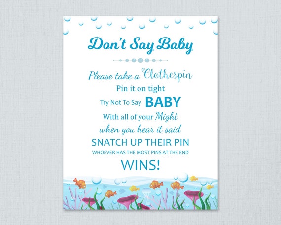 Dont Say Baby Game Printable, Don't Say Baby Sign, Under the Sea Theme,  Baby Shower, Underwater, Ocean Fish, Clothespin Game Download, B005