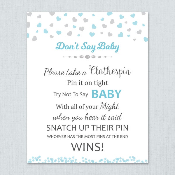 Don't Say Baby, Baby Shower Sign Printable, Blue Gray Hearts, Boy Baby Shower Games, Clothespin, Instant Download, Fun Shower Activity, B008