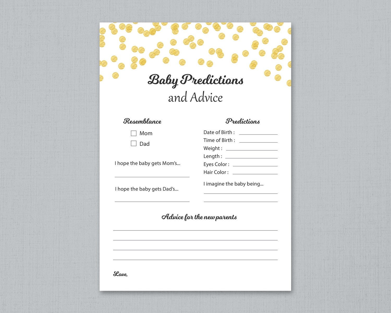 Baby Prediction Cards Printable, Gold Confetti Baby Shower Games ...