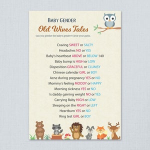 Old Wives Tales, Gender Reveal Baby Shower Game Printable, Woodland, Animals, Gender Prediction, He or She, Boy or Girl, Blue or Pink, B009