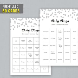 60 Unique Prefilled Baby Bingo Cards Printable, Silver Confetti  Baby Shower Games,  Pre-Filled Bingo, Polka Dots, Instant Download, B016