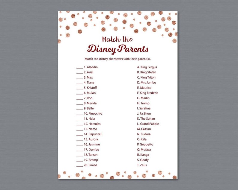 Disney Parent Match Game Printable Baby Shower Games Match | Etsy