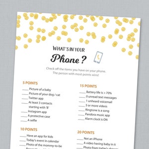 Baby Shower Whats in Your Phone Game Printable, Gold Confetti Dots,  What&#39;s on your cell phone, Gender Neutral Instant Download, B001