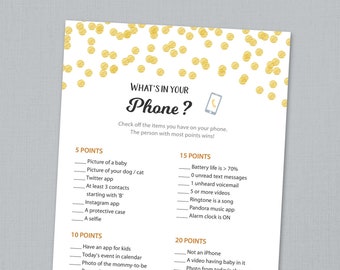 Baby Shower Whats in Your Phone Game Printable, Gold Confetti Dots,  What's on your cell phone, Gender Neutral Instant Download, B001