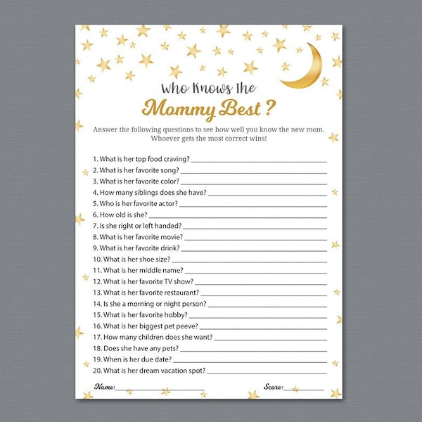 Who Knows Mommy Best, Unisex Baby Shower Game Printable, Gold Stars and Moon, How Well Do You Know the Mom to Be, Activity, Quiz, B044