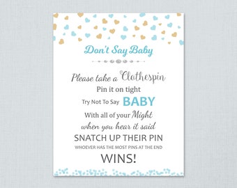 Don't Say Baby, Baby Shower Sign Printable, Blue Gold Hearts, Boy Baby Shower Games, Clothespin, Instant Download, Fun Shower Activity, B002