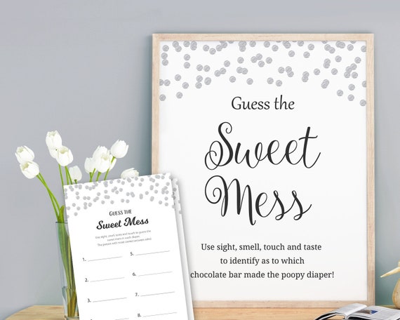 Guess the Sweet Mess Baby Shower Games Download Poopy Diaper Game Printable Silver Confetti Messy Diaper Guess Chocolate Bar B016