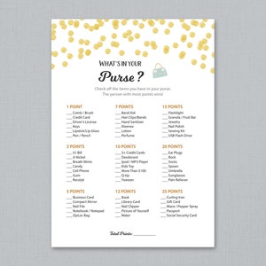 Whats in Your Purse, Baby Shower Games Printable, Gold Polka Dots, Confetti, Purse Raid, Purse Hunt, What's In Your Bag, Download, B001 image 2