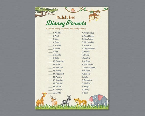 Disney Parent Match Game Safari Baby Shower Games Match The Etsy
