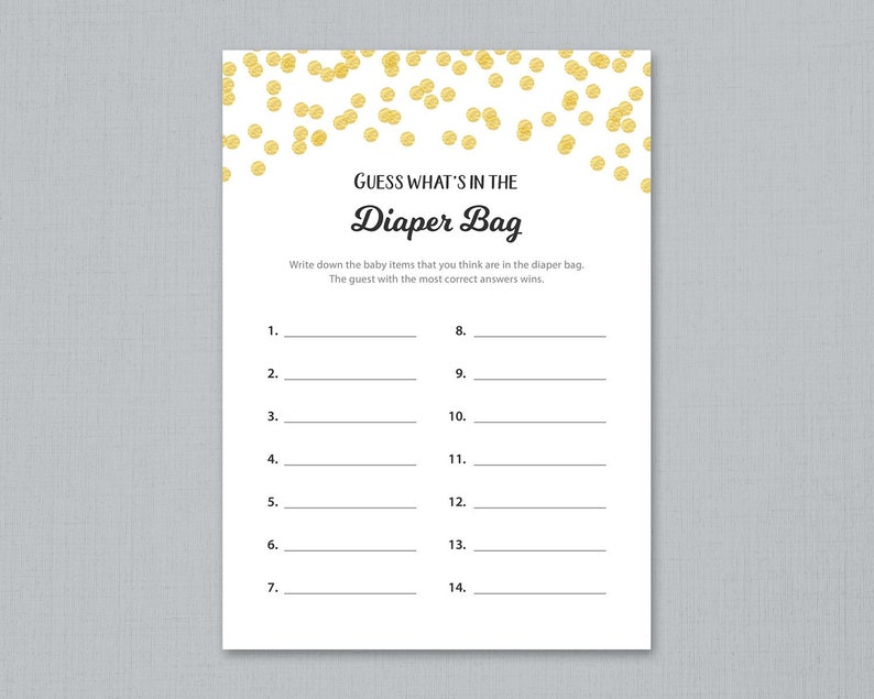What's in the Diaper Bag Baby Shower Game Printable Gold Etsy