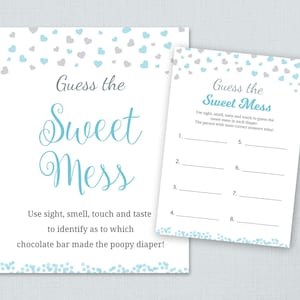 Guess the Sweet Mess, Boy Baby Shower Games, Poopy Diaper Game Printable, Silver Blue Hearts, Messy Diaper, Guess Chocolate Bar, B008