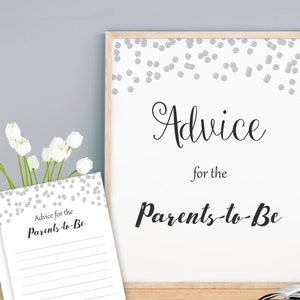 Consigli per i genitori da stampare, divertenti biglietti di consigli per il baby shower, futura mamma, coriandoli d'argento, punti grigi, mamma papà, genitori, B016