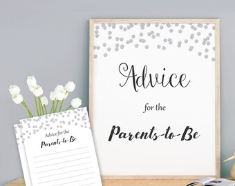 Advice for the Parents to Be Printable, Fun Baby Shower Advice Cards, Mom to Be, Silver Confetti, Gray Dots, Mommy Daddy, Parents, B016