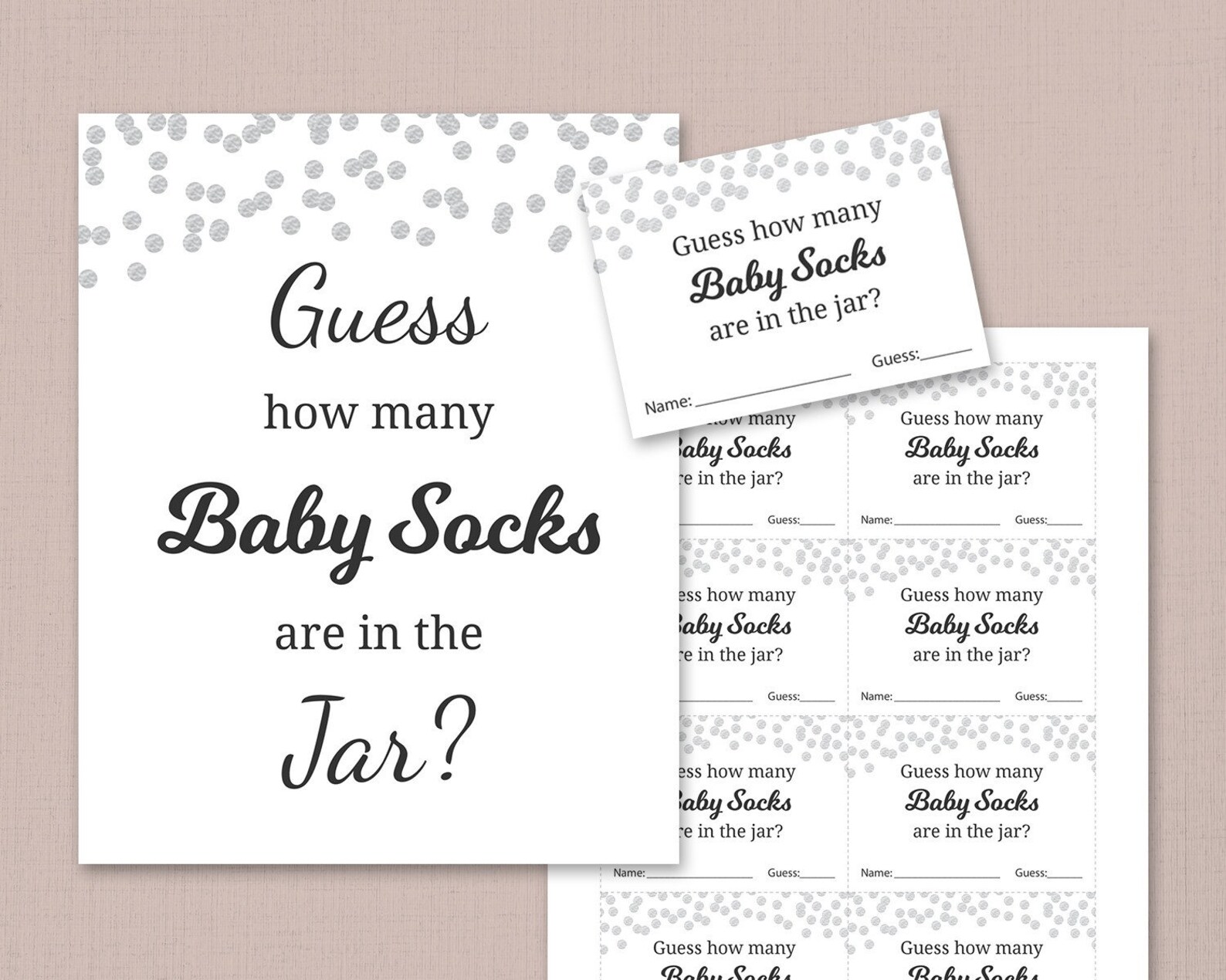 Guess How Many Socks Game Printable, Baby Shower Games, Silver Grey ...