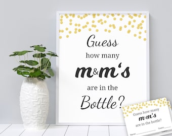 Raten Sie, wie viele M & Ms Spiel druckbar, Baby Shower Spiele, Gold Konfetti, Raten Sie, wie viele Süßigkeiten, Dusche Aktivität, Karten und Zeichen, B001