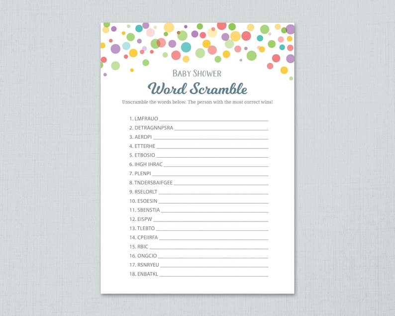 Rainbow Word Scramble Game Printable, Solve Puzzle, Color Dots, Baby Shower Activity, Baby