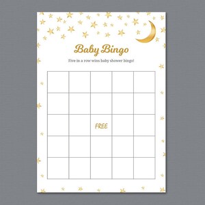 Juego de bingo para bebés Moon and Stars imprimible, juego de baby shower Gold Twinkle Twinkle Little Star, tarjetas de bingo vacías, ducha de bodas divertida, B044