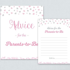 Consigli per i genitori da stampare, Carte di consigli per la nascita di una ragazza, futura mamma, cuori rosa argento, mamma papà, mamma papà, genitori, B007