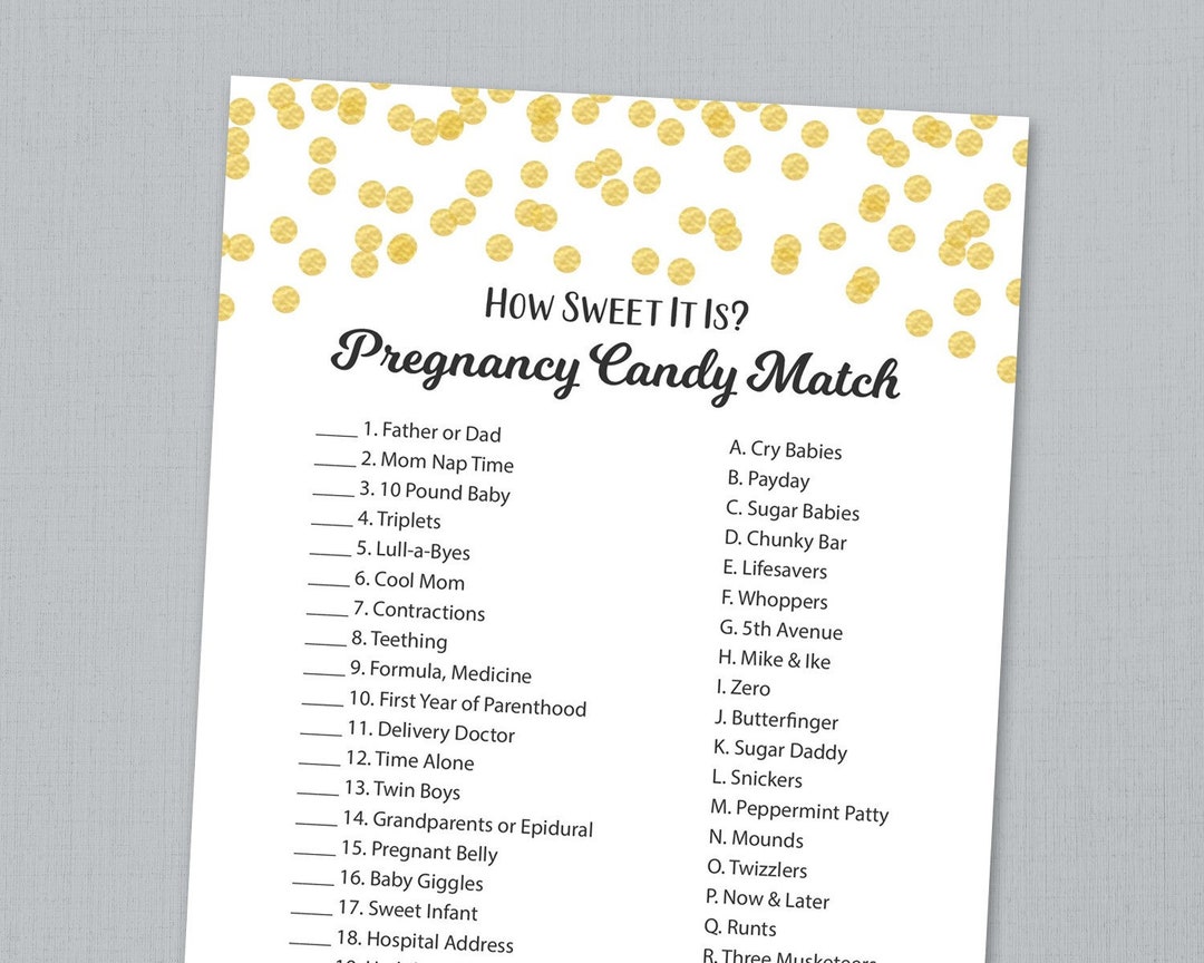 Pregnancy Candy Match Game Printable, How Sweet It Is, Gold Confetti