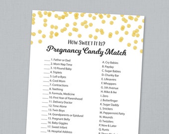 Pregnancy Candy Match Game Printable, How Sweet it is, Gold Confetti, Baby Shower Games, Fun Activities, Gold Candy Matching Game, B001