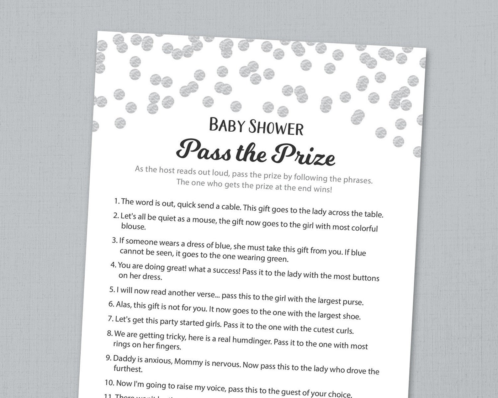 Pass the Prize Game, Baby Shower Game Printable, Silver Confetti, Fun