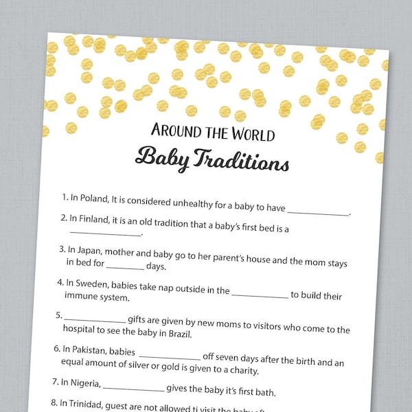Baby Traditions Around the World, Baby Shower Games Printable, Gold Confetti, International Baby Traditions, Instant Download, B001