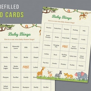 60 Safari Baby Bingo Karten zum Ausdrucken, vorausgefüllte Wörter, Dschungel Baby Shower Spiele, Zoo Tiere, vorausgefüllte einzigartige Bingo Spiel Karten, B021