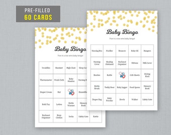 60 Unique Prefilled Baby Bingo Cards Printable, Gold Confetti  Baby Shower Games,  Filled Bingo, Polka Dots, Instant Download, B001