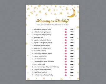 Mommy or Daddy, Who Said It, He Said She Said, Gold Moon and Stars Baby Shower Game, Unique Shower Quiz, Fun Guessing Game, Mom Dad, B044